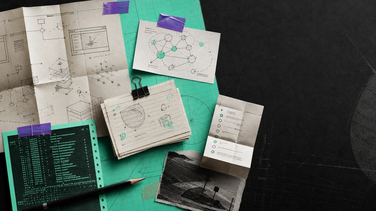 An editor’s desk with a phone prototype, design notes, and a small keyboard